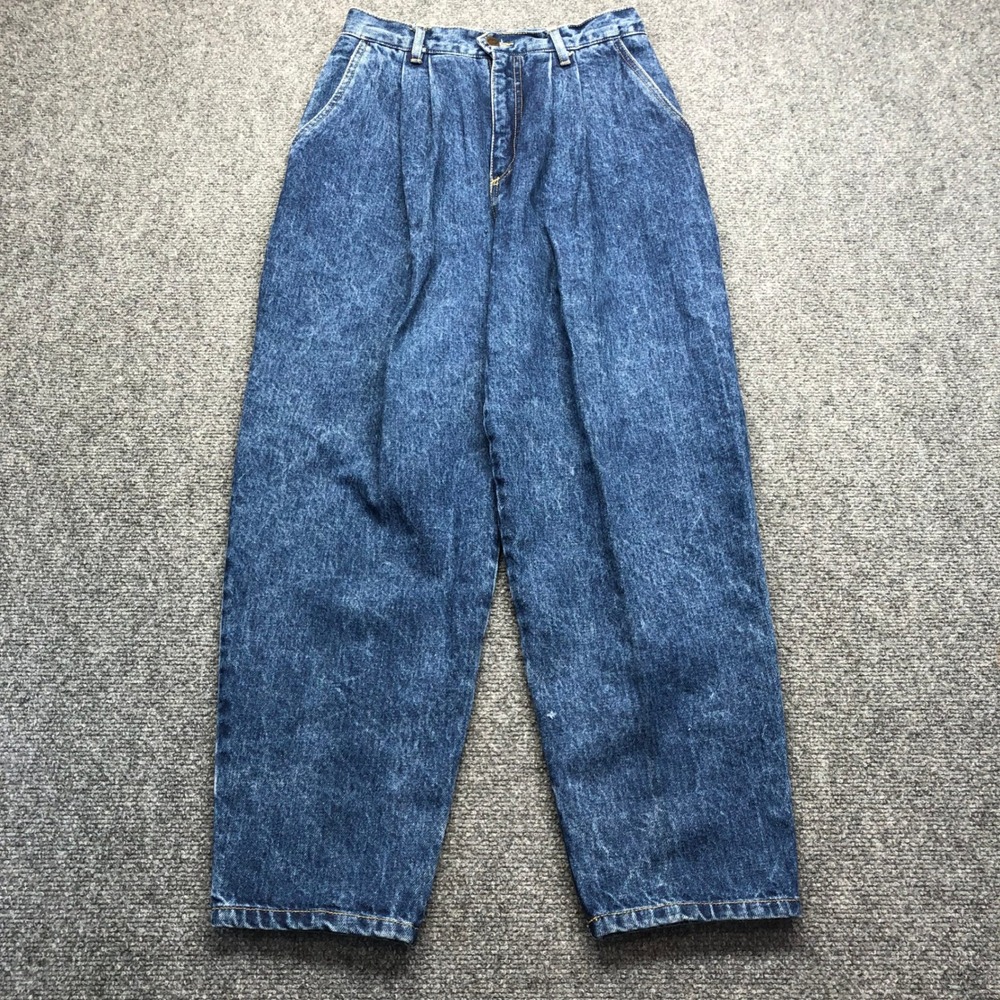 Vintage Bongo High Waisted Pleated Tapered Acid Wash Jeans Blue USA Made Sz 9
